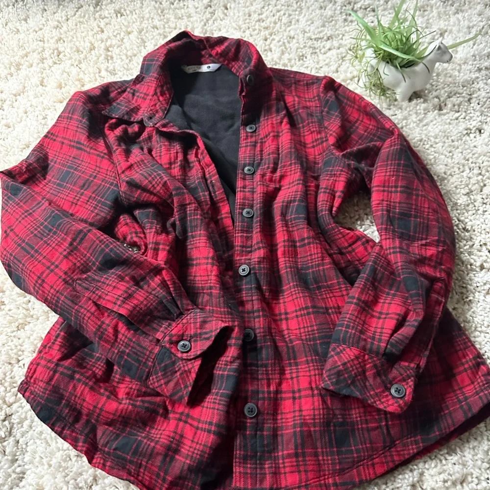 Riders by Lee long puffy red and black flannel button up outdoor jacket …